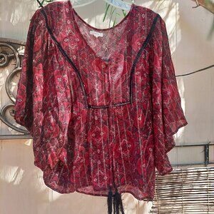 Dark Red Paisley Boho Folk Blouse Tunic Size M -L